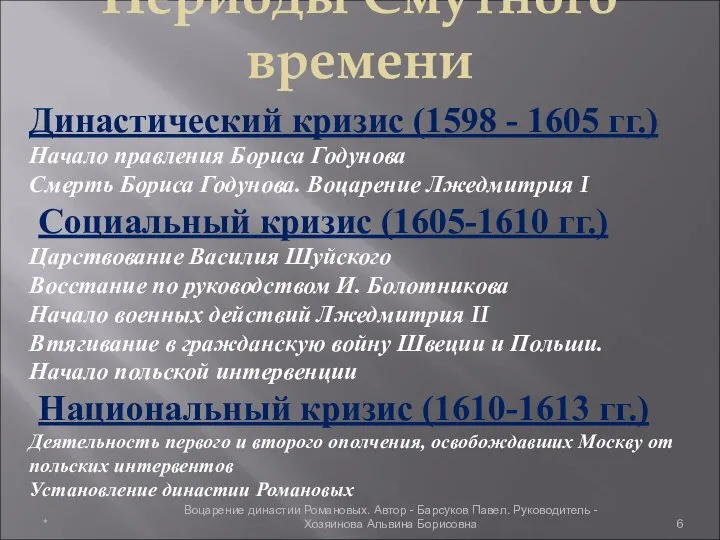 Периоды Смутного времени Династический кризис (1598 - 1605 гг.) Начало правления Бориса