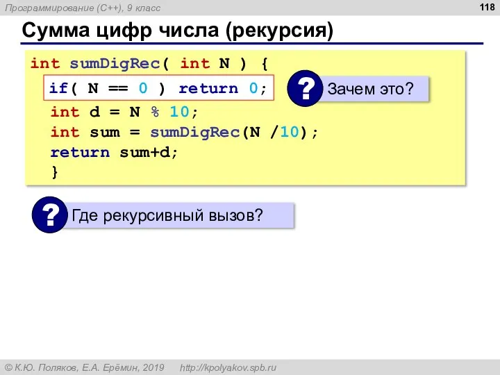 Сумма цифр числа (рекурсия) int sumDigRec( int N ) { if( N