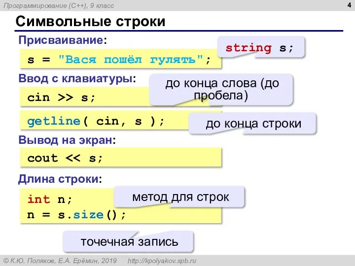 Символьные строки Присваивание: s = "Вася пошёл гулять"; Ввод с клавиатуры: cin