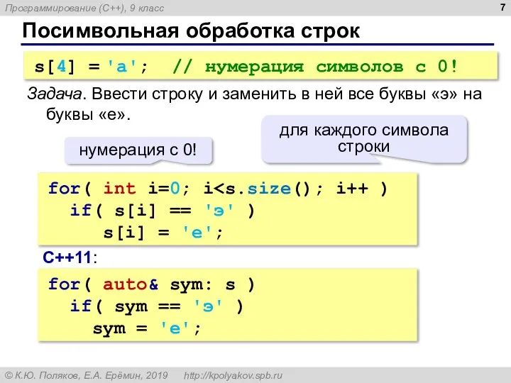 Посимвольная обработка строк s[4] = 'a'; // нумерация символов с 0! Задача.