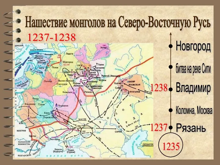 Нашествие монголов на Северо-Восточную Русь 1235 1237-1238 1238 Рязань Коломна, Москва 1237