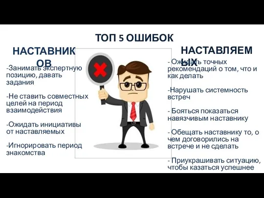 ТОП 5 ОШИБОК -Занимать экспертную позицию, давать задания -Не ставить совместных целей