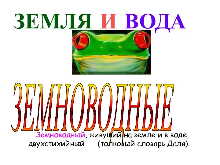 ЗЕМЛЯ И ВОДА ЗЕМНОВОДНЫЕ Земноводный, живущий на земле и в воде, двухстихийный (толковый словарь Даля).