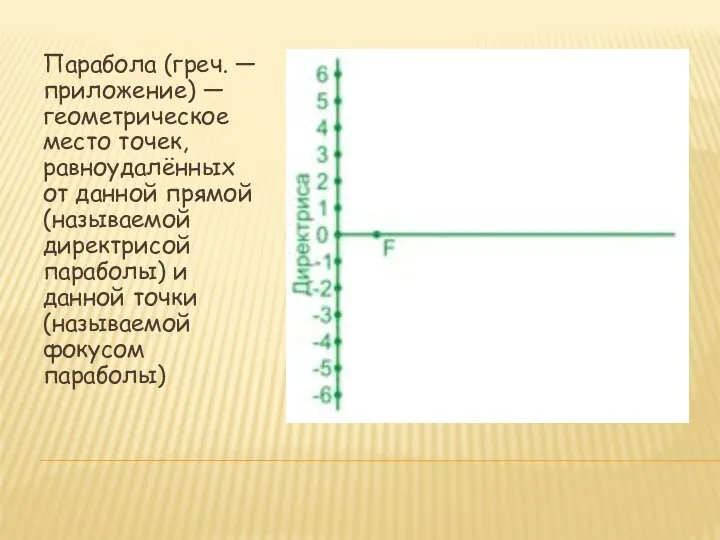 Парабола (греч. — приложение) — геометрическое место точек, равноудалённых от данной прямой