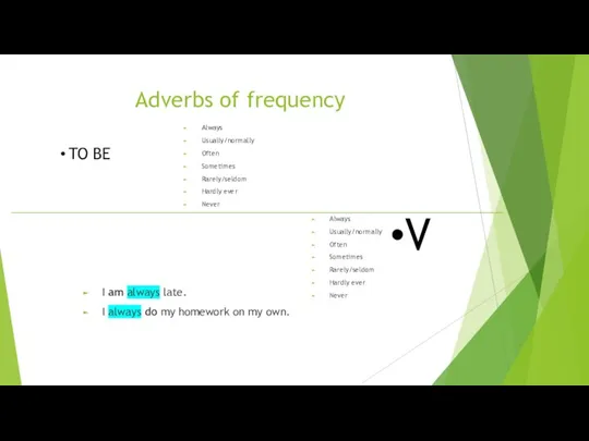 Adverbs of frequency Always Usually/normally Often Sometimes Rarely/seldom Hardly ever Never V