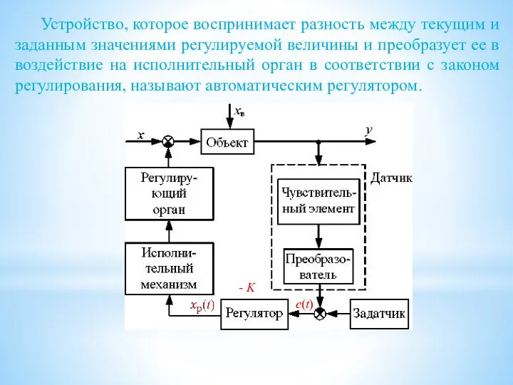 Устройство, которое воспринимает разность между текущим и заданным значениями регулируемой величины и