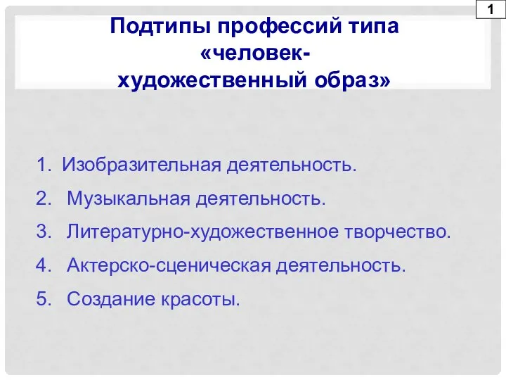 1 Подтипы профессий типа «человек- художественный образ» Изобразительная деятельность. Музыкальная деятельность. Литературно-художественное