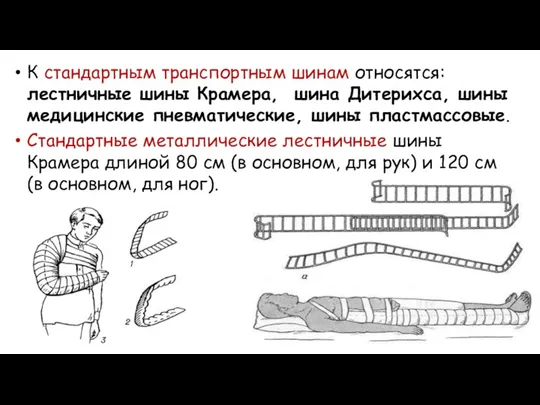 К стандартным транспортным шинам относятся: лестничные шины Крамера, шина Дитерихса, шины медицинские