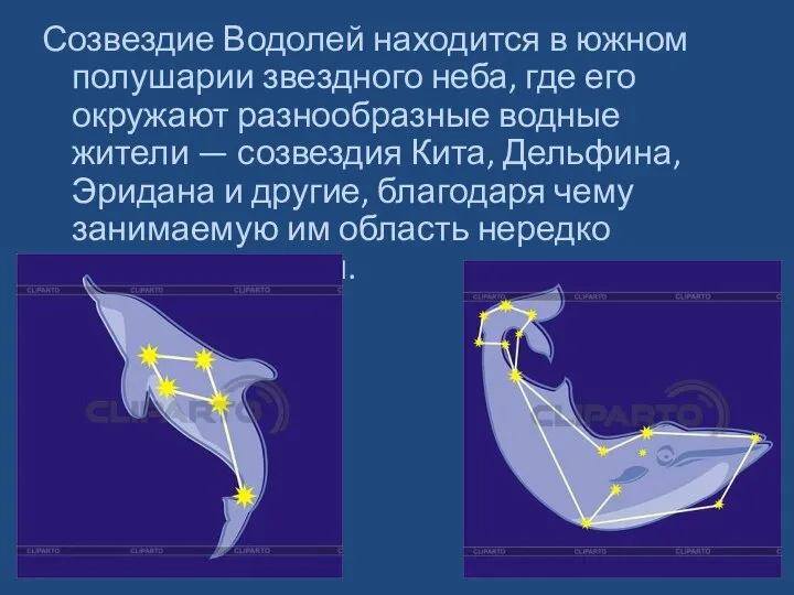 Созвездие Водолей находится в южном полушарии звездного неба, где его окружают разнообразные