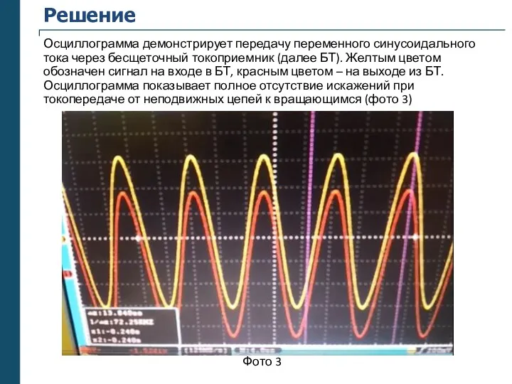 Решение Осциллограмма демонстрирует передачу переменного синусоидального тока через бесщеточный токоприемник (далее БТ).