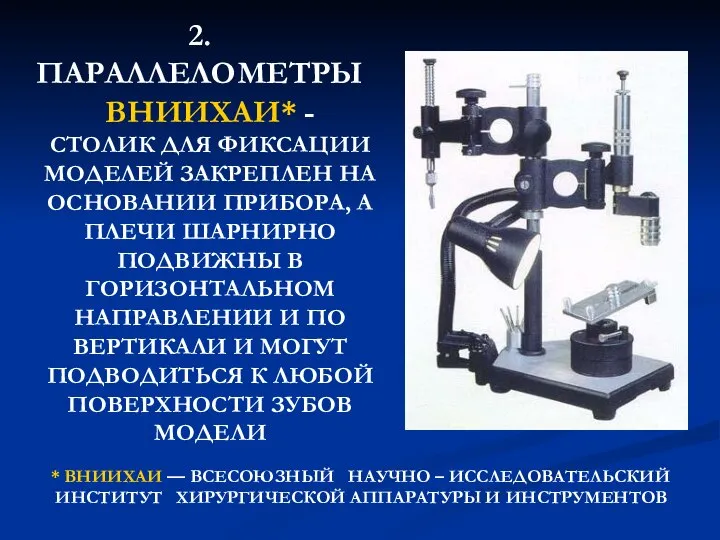 2. ПАРАЛЛЕЛОМЕТРЫ ВНИИХАИ* - СТОЛИК ДЛЯ ФИКСАЦИИ МОДЕЛЕЙ ЗАКРЕПЛЕН НА ОСНОВАНИИ ПРИБОРА,