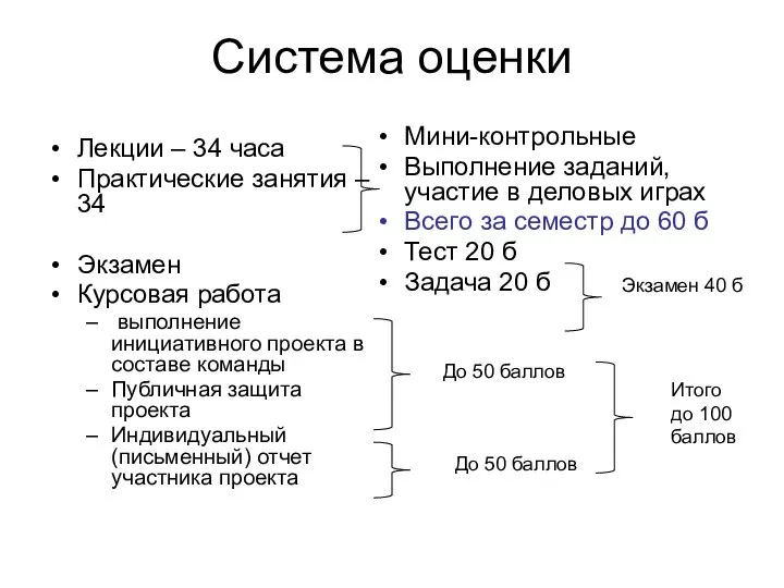 Система оценки Лекции – 34 часа Практические занятия – 34 Экзамен Курсовая