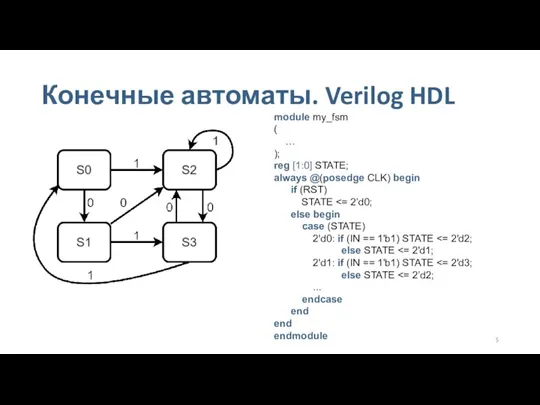 Конечные автоматы. Verilog HDL module my_fsm ( … ); reg [1:0] STATE;