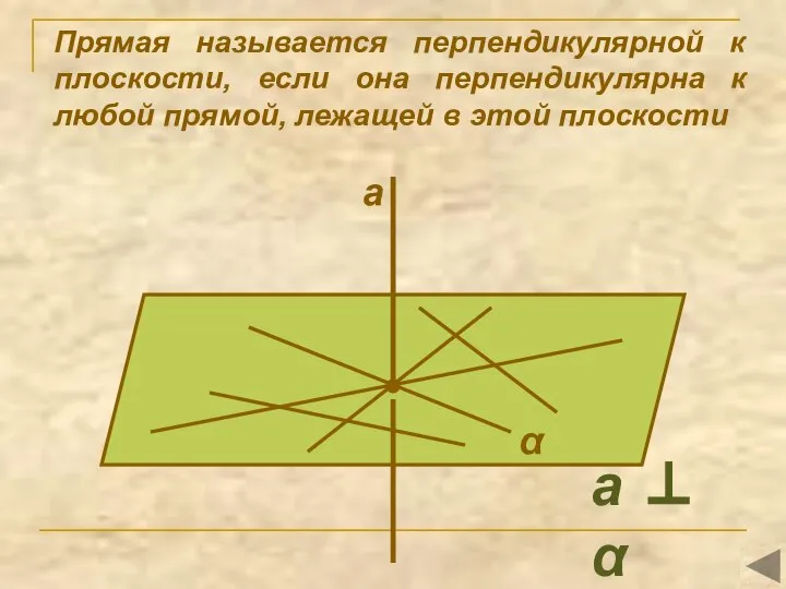 Прямая называется перпендикулярной к плоскости, если она перпендикулярна к любой прямой, лежащей