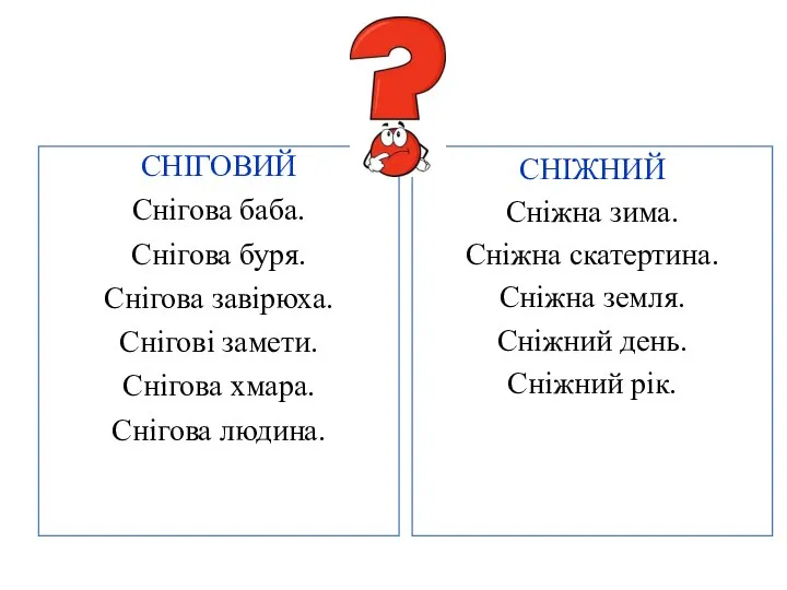 СНІГОВИЙ Снігова баба. Снігова буря. Снігова завірюха. Снігові замети. Снігова хмара. Снігова