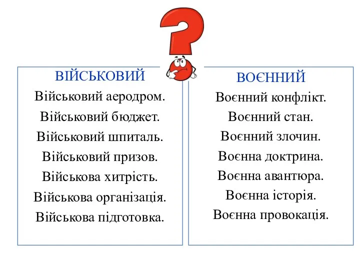 ВІЙСЬКОВИЙ Військовий аеродром. Військовий бюджет. Військовий шпиталь. Військовий призов. Військова хитрість. Військова