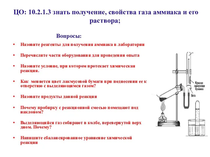 ЦО: 10.2.1.3 знать получение, свойства газа аммиака и его раствора; Вопросы: Назовите