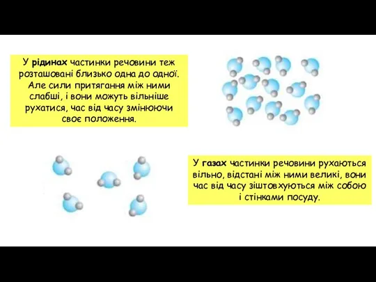 У рідинах частинки речовини теж розташовані близько одна до одної. Але сили