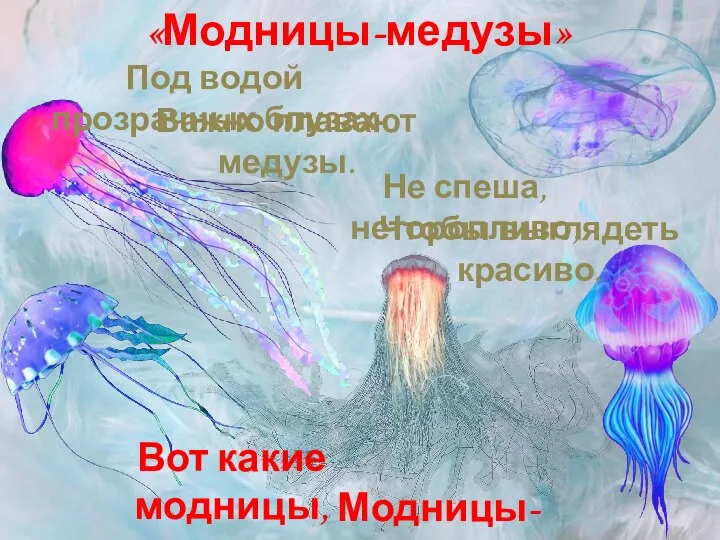 «Модницы-медузы» Чтобы выглядеть красиво. Не спеша, неторопливо, Важно плавают медузы. Под водой