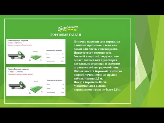 БОРТОВЫЕ ГАЗЕЛИ Отлично подходит для перевозки длинных предметов, таких как доски или