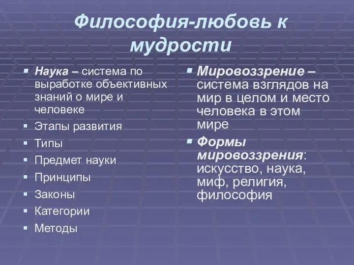 Философия-любовь к мудрости Наука – система по выработке объективных знаний о мире