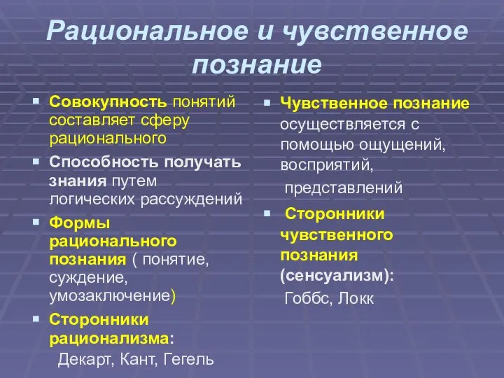 Рациональное и чувственное познание Совокупность понятий составляет сферу рационального Способность получать знания