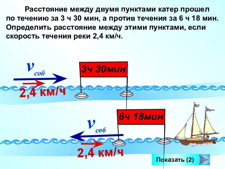 Показать (2) Расстояние между двумя пунктами катер прошел по течению за 3