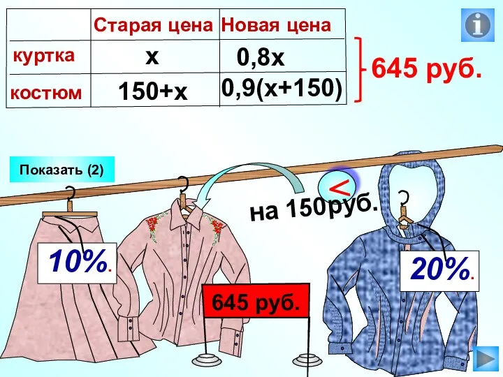 Показать (2) х 150+х 0,8х 0,9(х+150)