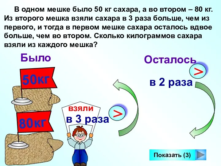 В одном мешке было 50 кг сахара, а во втором – 80