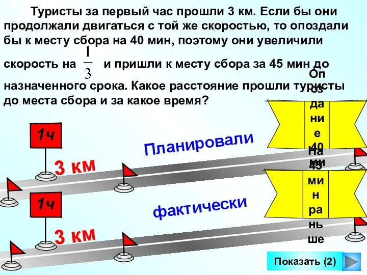 Планировали Туристы за первый час прошли 3 км. Если бы они продолжали