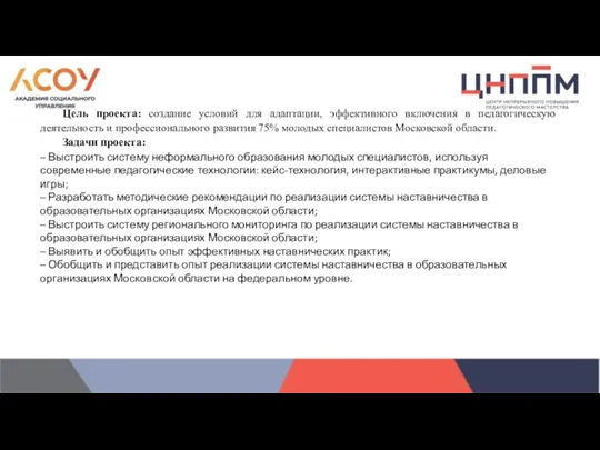 Цель проекта: создание условий для адаптации, эффективного включения в педагогическую деятельность и