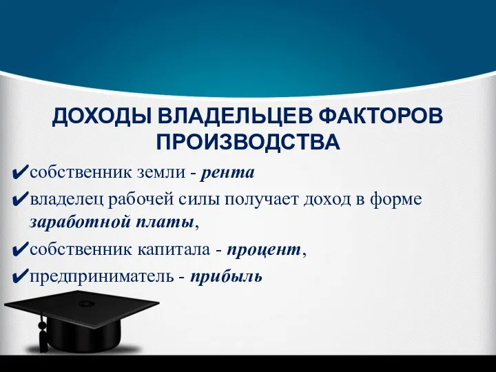 ДОХОДЫ ВЛАДЕЛЬЦЕВ ФАКТОРОВ ПРОИЗВОДСТВА собственник земли - рента владелец рабочей силы получает