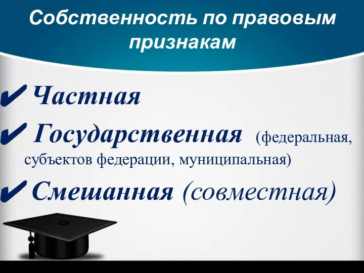 Собственность по правовым признакам Частная Государственная (федеральная, субъектов федерации, муниципальная) Смешанная (совместная)