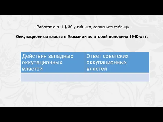 - Работая с п. 1 § 30 учебника, заполните таблицу. Оккупационные власти