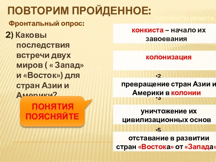 ПОВТОРИМ ПРОЙДЕННОЕ: Фронтальный опрос: Алгоритм ответа 2) Каковы последствия встречи двух миров