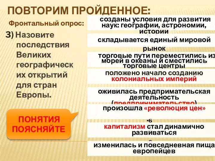 ПОВТОРИМ ПРОЙДЕННОЕ: Фронтальный опрос: Алгоритм ответа 3) Назовите последствия Великих географических открытий