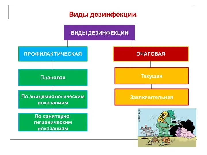 Виды дезинфекции. ВИДЫ ДЕЗИНФЕКЦИИ ПРОФИЛАКТИЧЕСКАЯ ОЧАГОВАЯ Плановая По эпидемиологическим показаниям По санитарно-гигиеническим показаниям Текущая Заключительная