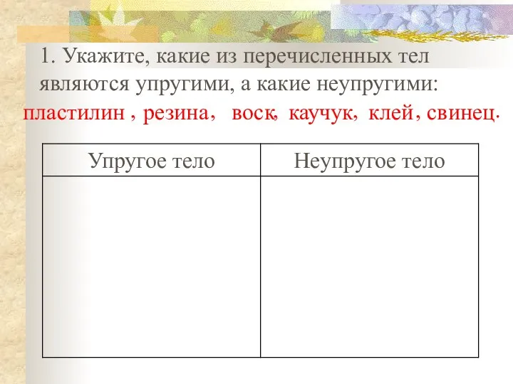 1. Укажите, какие из перечисленных тел являются упругими, а какие неупругими: ,