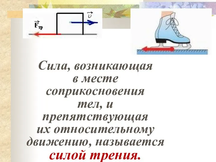 Сила, возникающая в месте соприкосновения тел, и препятствующая их относительному движению, называется силой трения.