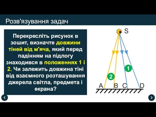 Розв'язування задач Перекресліть рисунок в зошит, визначте довжини тіней від м'яча, який