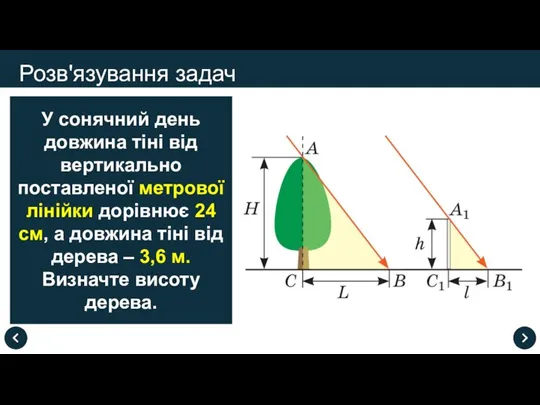 Розв'язування задач У сонячний день довжина тіні від вертикально поставленої метрової лінійки