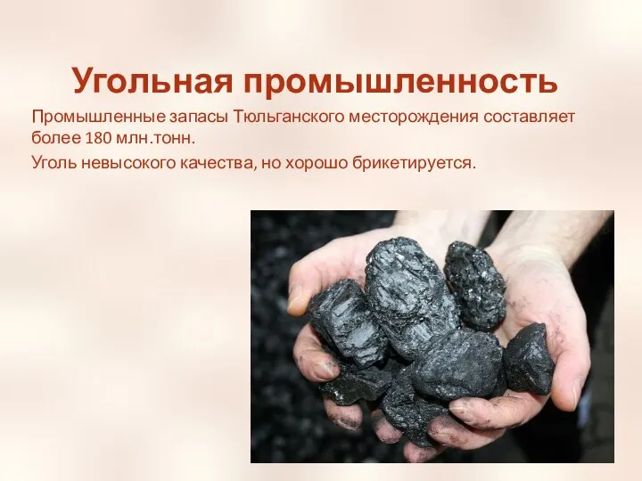 Угольная промышленность Промышленные запасы Тюльганского месторождения составляет более 180 млн.тонн. Уголь невысокого качества, но хорошо брикетируется.