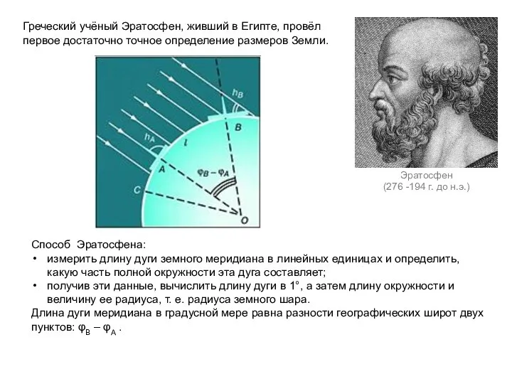 Греческий учёный Эратосфен, живший в Египте, провёл первое достаточно точное определение размеров