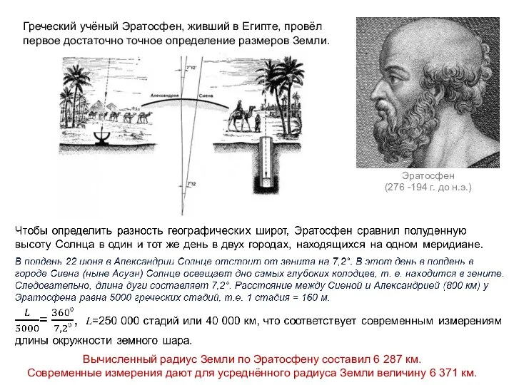 Греческий учёный Эратосфен, живший в Египте, провёл первое достаточно точное определение размеров