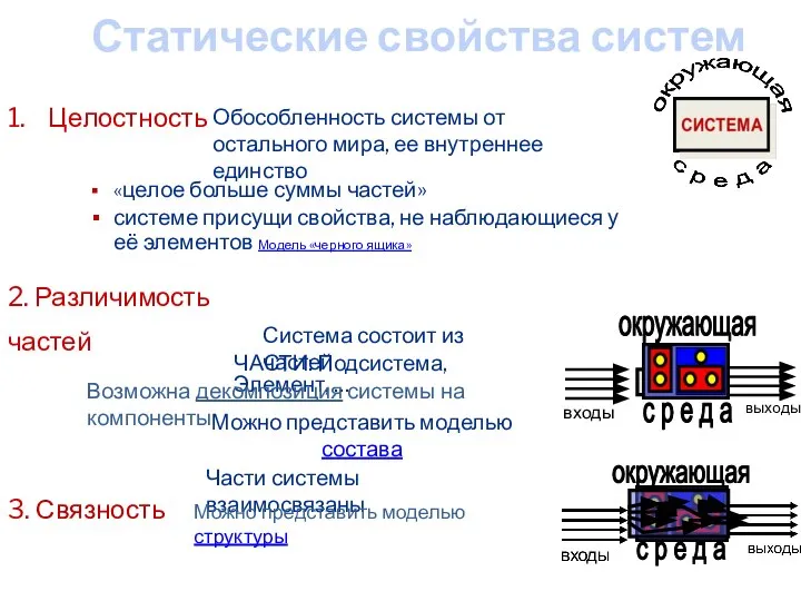 Статические свойства систем 1. Целостность 2. Различимость частей 3. Связность Обособленность системы