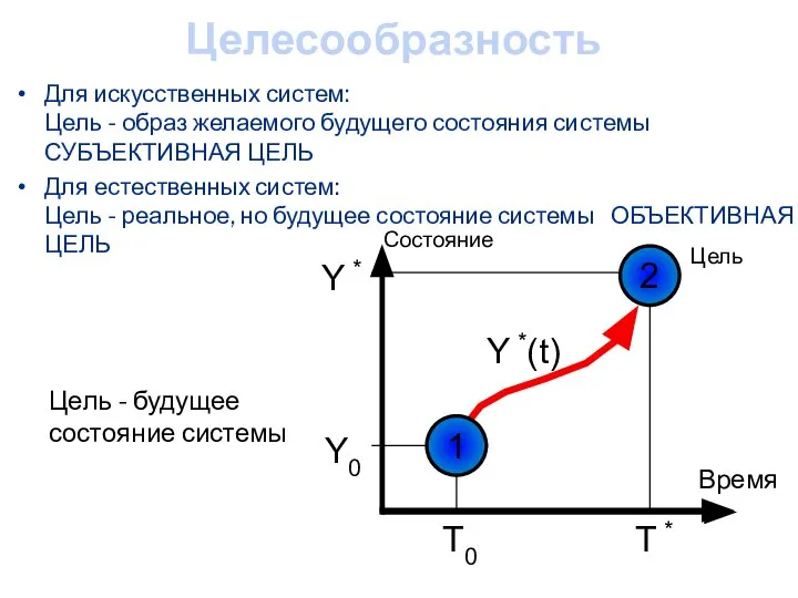 Целесообразность Цель - будущее состояние системы Состояние Время 1 2 Y0 Y