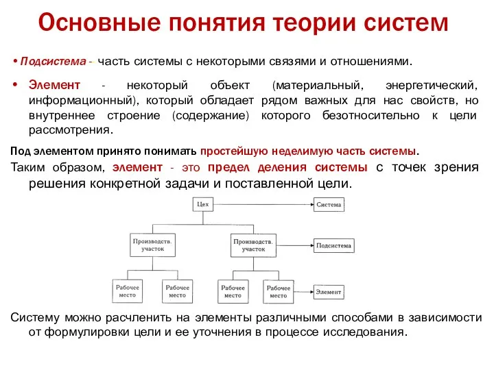 Подсистема -- часть системы с некоторыми связями и отношениями. Элемент - некоторый