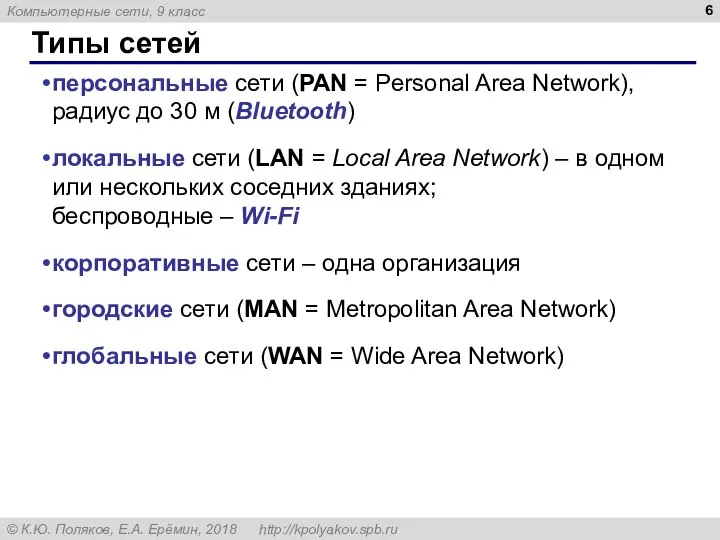 Типы сетей персональные сети (PAN = Personal Area Network), радиус до 30