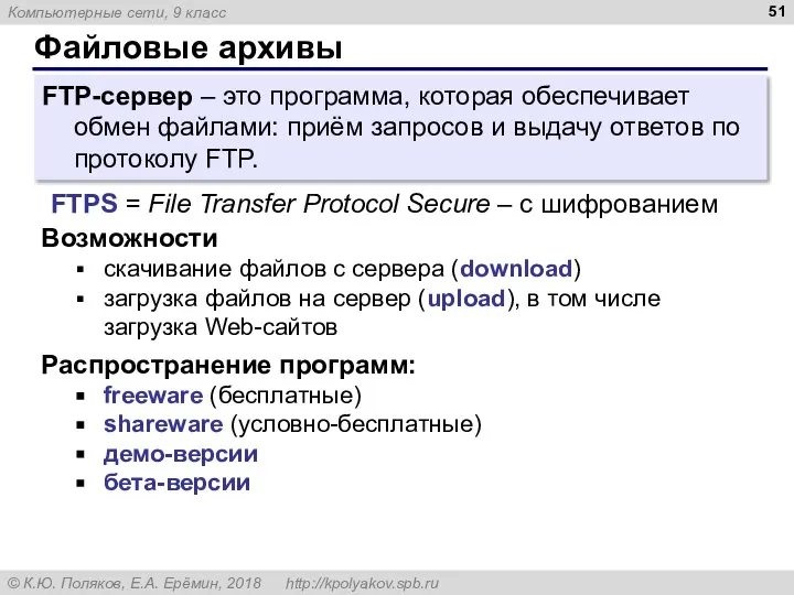 Файловые архивы FTP-сервер – это программа, которая обеспечивает обмен файлами: приём запросов