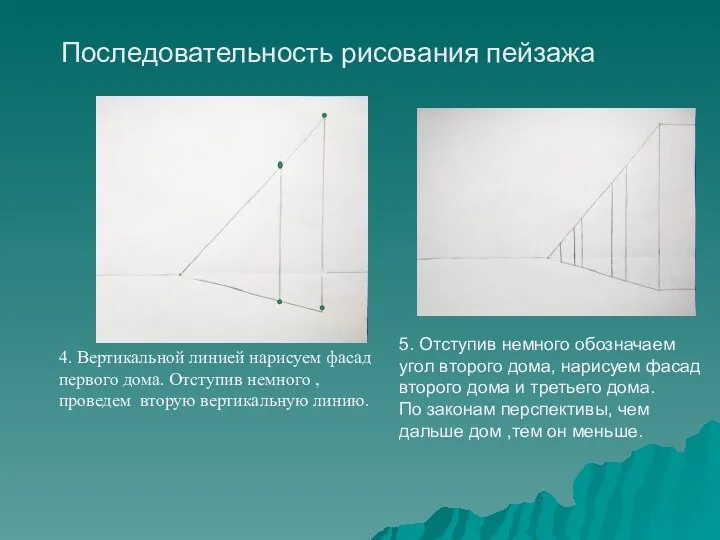 4. Вертикальной линией нарисуем фасад первого дома. Отступив немного , проведем вторую